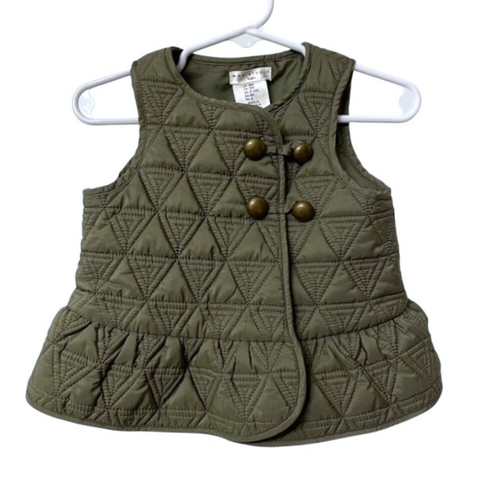 Max Studio Girl Toddler Green Geometric Ruffled Quilted Puffer Vest
